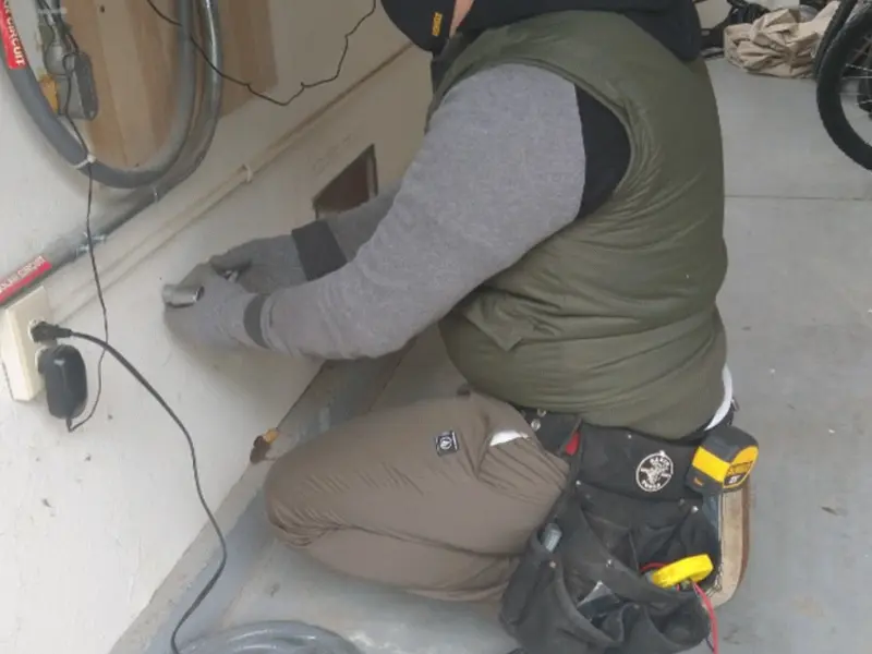 Electrician performing outlet wiring in a Yadkinville garage